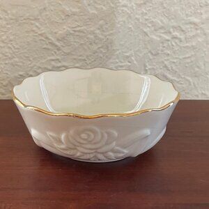 Lenox Rose Blossom Bowl, w/ a scalloped gold rim and raised rose blossom pattern